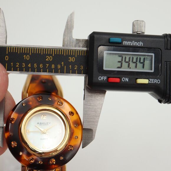 Ashley Princess Womens Watch MOP Dial Tortoise Jewel Bezel Cuff Bracelet Working - Picture 2 of 13